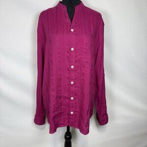 Caribbean Dark Berry Large Linen Rayon Stripe Long Sleeve Mandarin Collar Shirt